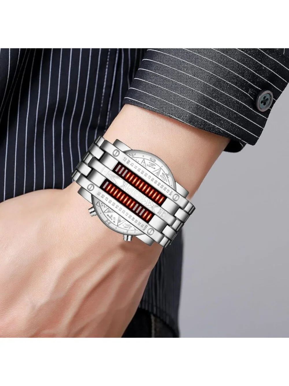 Mens Silver Orange Analog Quartz Bracelet Waterproof Binary Matrix Digital Watch